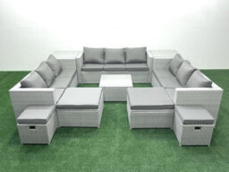 Fimous Garden Outdoor Furniture Set 14 Seater Rattan Sofa Set 2 Side Tables 4 Stools Light Grey - thumbnail 1