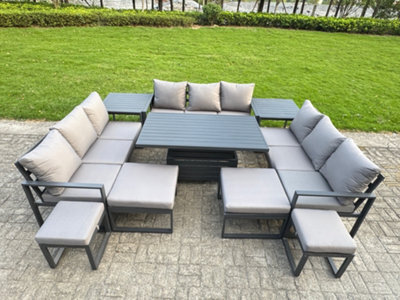 Fimous Aluminum Outdoor Patio Furniture Set With Adjustable Rising Lifting Dining Table 4 Footstools 2 Side Tables Dark Grey - image 1