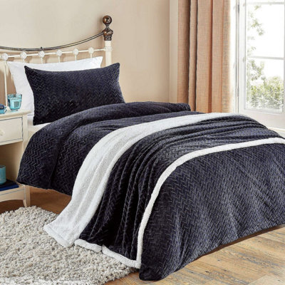 Embossed Sherpa Fleece Duvet Cover Set - Super-Soft Faux Fur With Matching Pillowcase - Single Navy - image 1