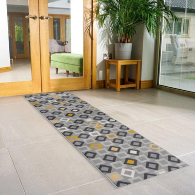 Bravich Hard Wearing Hessian Backed Stair Runner Kitchen Mat - Texas Geometric Gold, Grey & White - 60X150Cm (2'x5') - image 1