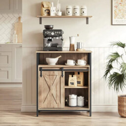 Sliding Barn Door Sideboard, Kitchen Storage Cabinet, Adjustable Shelf, Rustic Living Room Cupboard, Toasted Oak And Black