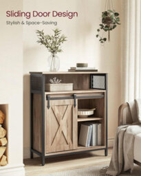 Songmics Sliding Barn Door Sideboard, Kitchen Storage Cabinet, Adjustable Shelf, Rustic Living Room Cupboard, Toasted Oak And Black - thumbnail 3