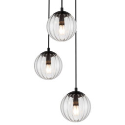 Cosylyte Kingston 3 Light Modern Ribbed Glass Pendant Light - Matt Black Base - thumbnail 5
