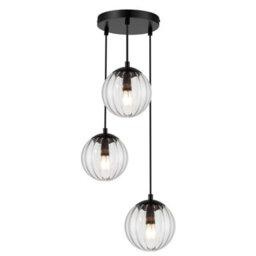 Cosylyte Kingston 3 Light Modern Ribbed Glass Pendant Light - Matt Black Base - thumbnail 3