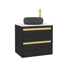Royal Bathrooms Orion 600mm Hale Black Wall Hung Plain White Countertop Vanity Unit 2 Drawer With Milan Black Basin & Brushed Brass Accent Trim - thumbnail 6