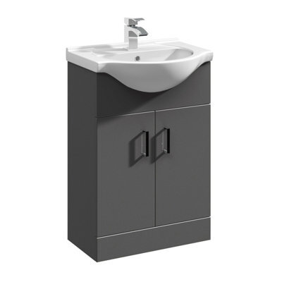 Balterley Modern Floor Standing Bathroom 2 Door Vanity And Round Basin Unit - 550mm, Satin Dark Grey, Soft Close Doors - image 1