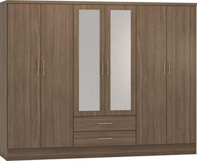 Seconique Nevada 6 Door 2 Drawer Mirrored Wardrobe In Rustic Oak Effect Finish - image 1