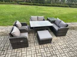Fimous Rattan Outdoor Furniture Garden Dining Set Rectangular Table And Chair Sofa Set With Side Table Big Footstool - thumbnail 2