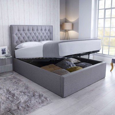 Save On Goods UK 4Ft6 Double Grey Fabric Ottoman Upholstered Buttoned Headboard, Lift Up Storage Bed Frame, Front End, Foot End Lift - image 1