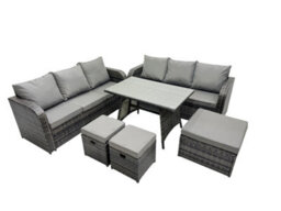 Fimous Garden Rattan Outdoor Furniture Set 9 Seater With 3 Seater Sofa 3 Stools Dark Grey