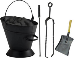 Trendi 4 Piece Fireside Companion Set For Log Burner Includes Waterloo Bucket Wooden Handle Shovel Metal Tongs