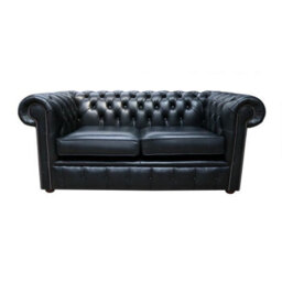 Chesterfield 2 Seater Old English Black Leather Sofa Settee Bespoke In Classic Style - thumbnail 1