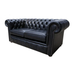 Chesterfield 2 Seater Old English Black Leather Sofa Settee Bespoke In Classic Style - thumbnail 5