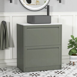 Royal Bathrooms Royal Bathroom Elmore 700mm Matt Green Freestanding Bathroom Vanity Unit 2 Drawer Plain White Worktop With Art Square Basin - thumbnail 1