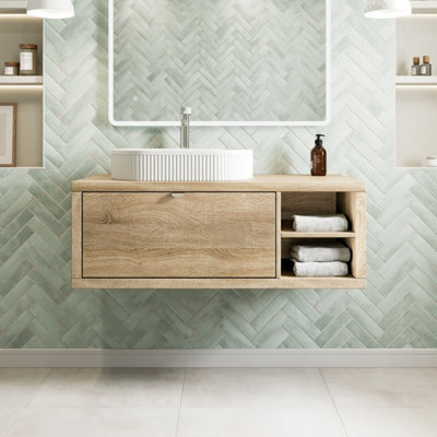 Affine 1100mm Countertop Bathroom Vanity Unit Fluted Basin Sink Wall Hung Rh Shelves Oak - image 1