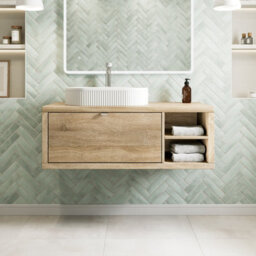 Aveli 1100mm Countertop Bathroom Vanity Unit Fluted Basin Sink Wall Hung Rh Shelves Oak