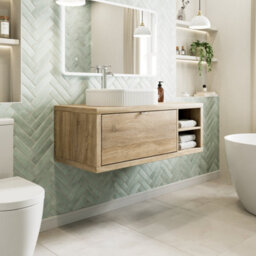 Affine 1100mm Countertop Bathroom Vanity Unit Fluted Basin Sink Wall Hung Rh Shelves Oak - thumbnail 2