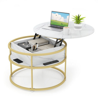2 Tier Round Coffee Table With Lift Top And Storage Shelves White - image 1