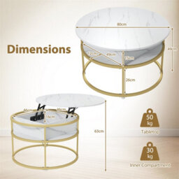 2 Tier Round Coffee Table With Lift Top And Storage Shelves White - thumbnail 2