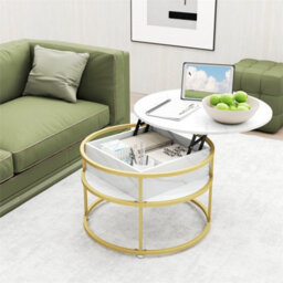 2 Tier Round Coffee Table With Lift Top And Storage Shelves White - thumbnail 3