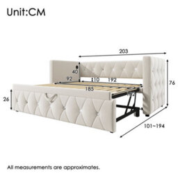 Matteo Upholstered Single Daybed With Usb & Type C Charging Stations And Pull-Out Trundle, 90X190Cm, Beige Velvet - thumbnail 2