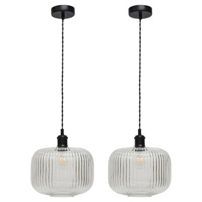 First Choice Lighting Set Of 2 Batley Large - Clear Ribbed Glass Black Retro Pendants - image 1