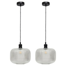 First Choice Lighting Set Of 2 Batley Large - Clear Ribbed Glass Black Retro Pendants - thumbnail 1