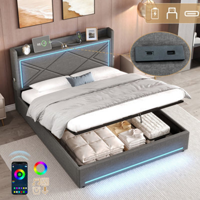Btm 4Ft6 Double Grey Linen Ottoman Bed With Hydraulic Storage Led Headboard Usb And Type C No Mattress - image 1