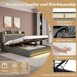 Btm 4Ft6 Double Grey Linen Ottoman Bed With Hydraulic Storage Led Headboard Usb And Type C No Mattress - thumbnail 8