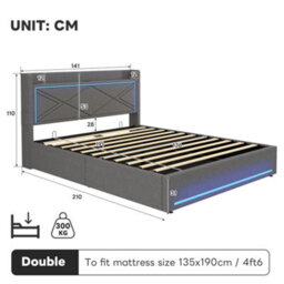 Btm 4Ft6 Double Grey Linen Ottoman Bed With Hydraulic Storage Led Headboard Usb And Type C No Mattress - thumbnail 9