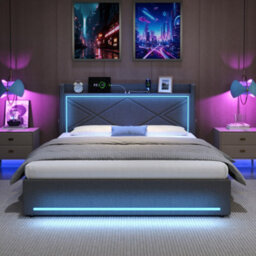 Btm 4Ft6 Double Grey Linen Ottoman Bed With Hydraulic Storage Led Headboard Usb And Type C No Mattress - thumbnail 4