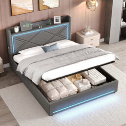 Btm 4Ft6 Double Grey Linen Ottoman Bed With Hydraulic Storage Led Headboard Usb And Type C No Mattress - thumbnail 5
