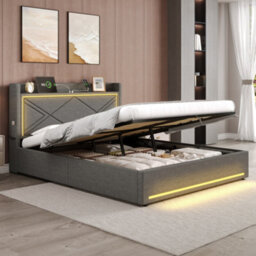 Btm 4Ft6 Double Grey Linen Ottoman Bed With Hydraulic Storage Led Headboard Usb And Type C No Mattress - thumbnail 3