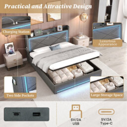 Btm 4Ft6 Double Grey Linen Ottoman Bed With Hydraulic Storage Led Headboard Usb And Type C No Mattress - thumbnail 6