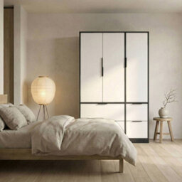 Urbn-Living Urbnliving 3 Door Wardrobe With 4 Drawers  Wooden Bedroom Storage Cupboard With Hanging Rail For Clothes - Black Unit & White Doo - thumbnail 6