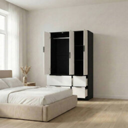 Urbn-Living Urbnliving 3 Door Wardrobe With 4 Drawers  Wooden Bedroom Storage Cupboard With Hanging Rail For Clothes - Black Unit & White Doo - thumbnail 4