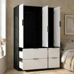 Urbn-Living Urbnliving 3 Door Wardrobe With 4 Drawers  Wooden Bedroom Storage Cupboard With Hanging Rail For Clothes - Black Unit & White Doo - thumbnail 5