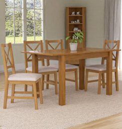 Hallowood Furniture Camberley Oak Butterfly Extending Dining Table With 4 Cross Back Chairs In Beige Fabric Seats - thumbnail 1