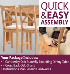 Hallowood Furniture Camberley Oak Butterfly Extending Dining Table With 4 Cross Back Chairs In Beige Fabric Seats - thumbnail 7