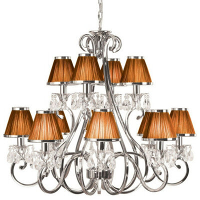 Esher Ceiling Pendant Chandelier Nickel Crystal & Brown Shades 12 Lamp Light - image 1
