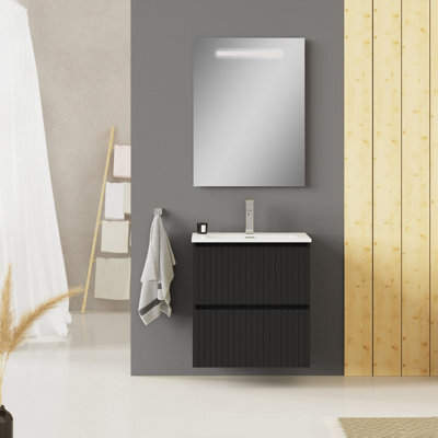 Banyetti Linea Matt Black Ribbed Double Drawer Wall Hung Vanity Unit 600mm X 390mm - image 1