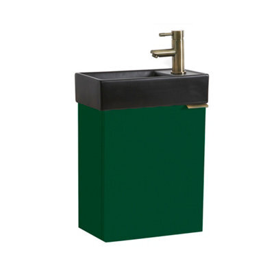 Homestylestore 400mm Dark Green Wall Hung Bathroom Vanity Unit Black Basin And Aged Gold Finger Pull Handle - image 1