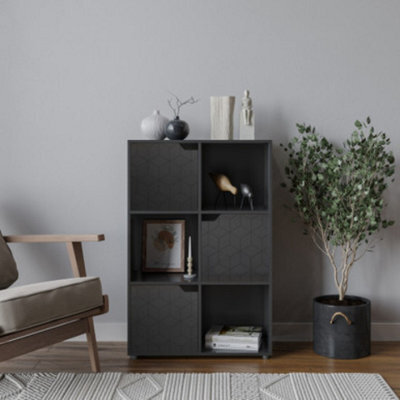 Urbn-Living Urbnliving 91Cm Height 6 Cubes Black Wooden Bookcase Display Shelf Storage Cabinet With Modern Geo Black Door - image 1