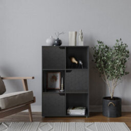 Urbn-Living Urbnliving 91Cm Height 6 Cubes Black Wooden Bookcase Display Shelf Storage Cabinet With Modern Geo Black Door - thumbnail 1