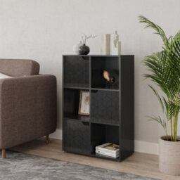Urbn-Living Urbnliving 91Cm Height 6 Cubes Black Wooden Bookcase Display Shelf Storage Cabinet With Modern Geo Black Door - thumbnail 3