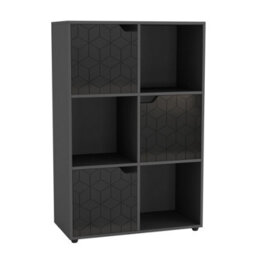 Urbn-Living Urbnliving 91Cm Height 6 Cubes Black Wooden Bookcase Display Shelf Storage Cabinet With Modern Geo Black Door - thumbnail 2
