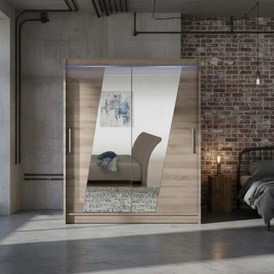 Westa Xiv 200 Cm Mirrored Sliding Truffle Wardrobe Spacious Modern Storage With Shelves Hanging Space And Rgb Led Colorful - image 1