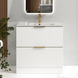 Royal Bathrooms Evora 800mm Matt White Fluted Bathroom Floor Standing Vanity Unit 2 Drawer Storage With Carrara White Basin & Brushed Brass Handle - thumbnail 1