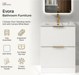Royal Bathrooms Evora 800mm Matt White Fluted Bathroom Floor Standing Vanity Unit 2 Drawer Storage With Carrara White Basin & Brushed Brass Handle - thumbnail 5