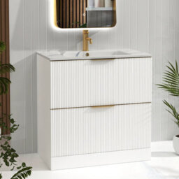 Royal Bathrooms Evora 800mm Matt White Fluted Bathroom Floor Standing Vanity Unit 2 Drawer Storage With Carrara White Basin & Brushed Brass Handle - thumbnail 6